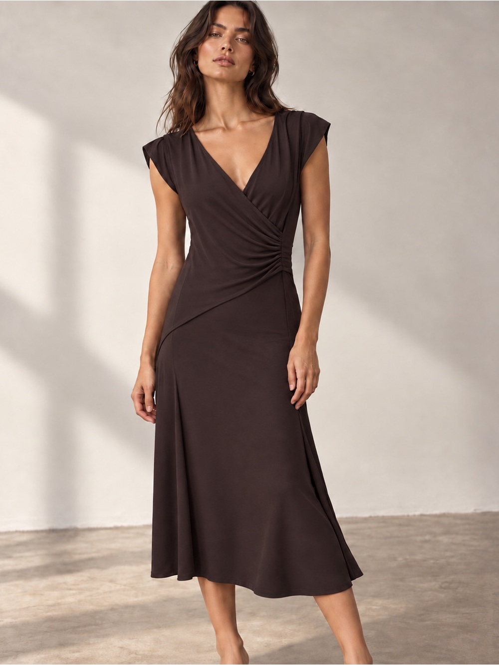 Dorothée Bis Brown Ruched Draped Surplice Midi Dress M